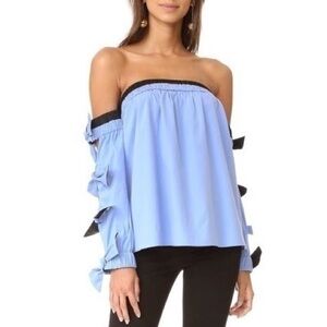 Milly Light Blue Off-Shoulder Blouse with Black Bow Details